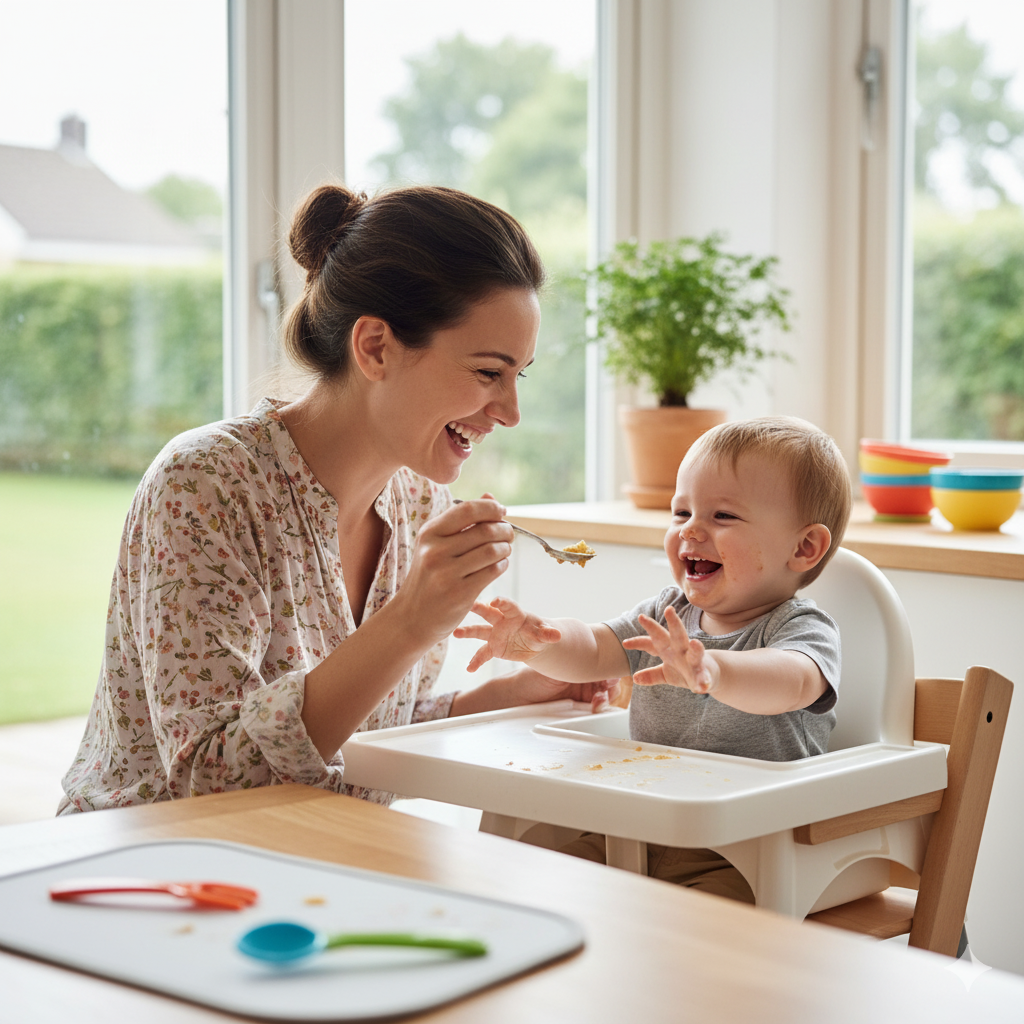 Rotina leve à mesa com bebê